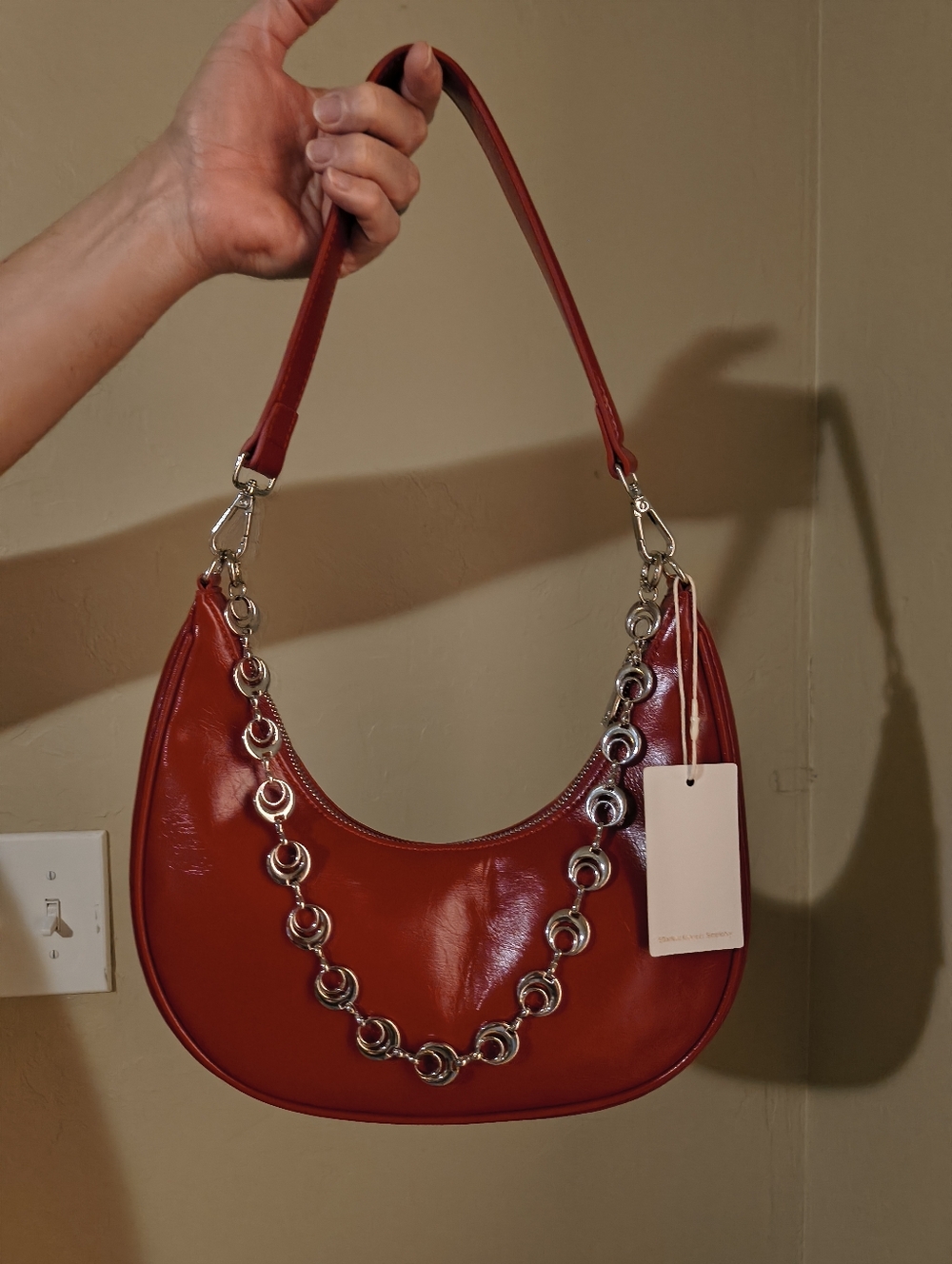 Red Leather Shoulder Bag with Silver Chain Accent